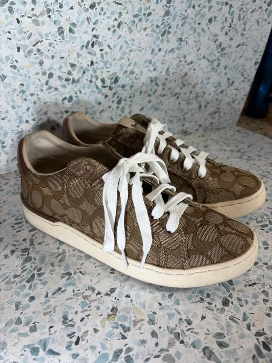 Coach Monogram Low-Top Sneakers in Brown and Cream - Picture 2 of 5